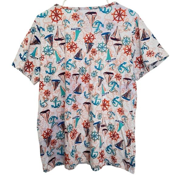 SUN BAY Womens XL Nautical Boat Anchor Print Cotton Short Sleeve Ruffle Neck Top - Picture 2 of 5